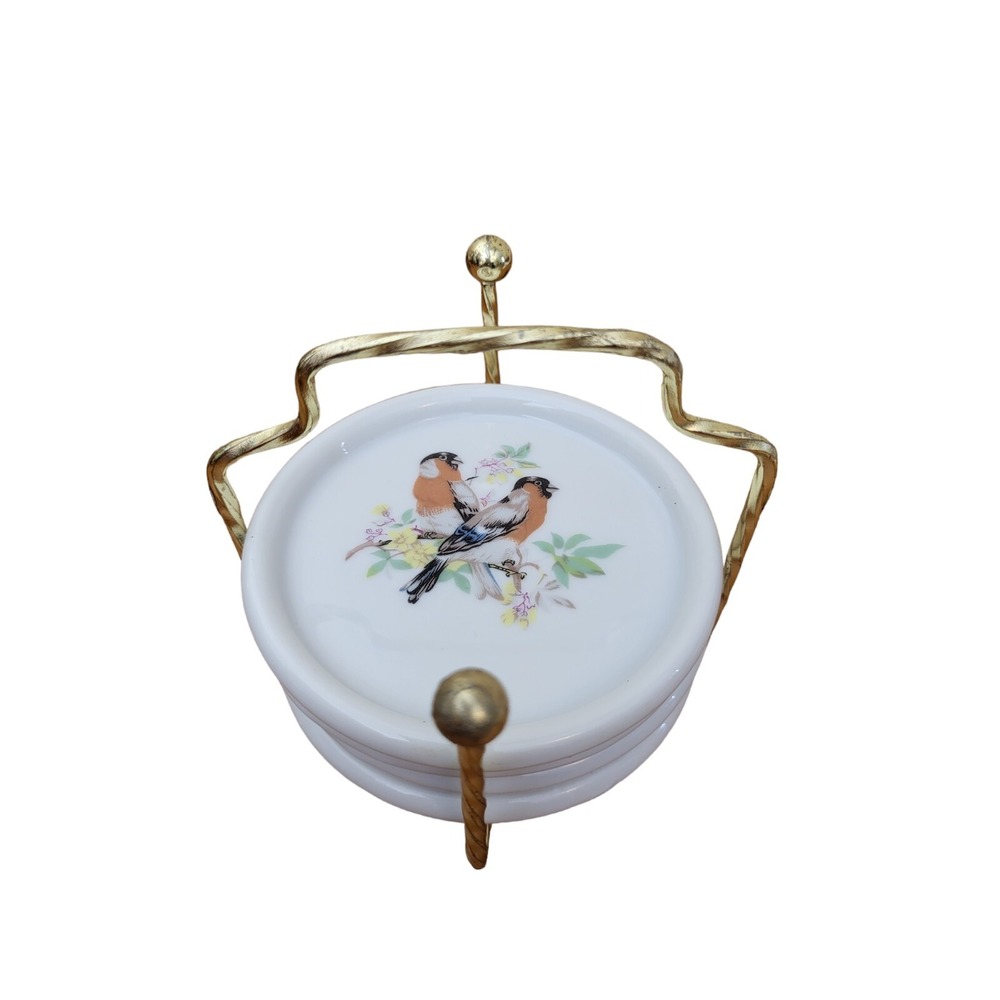 Set‎ of 4 Ceramic Porcelain Drink Coasters Vintage Birds Taiwan Carrying Caddy